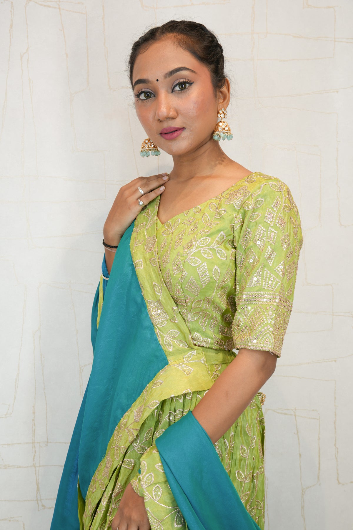 Green Embroidered Lehenga Choli with Blue Dupatta