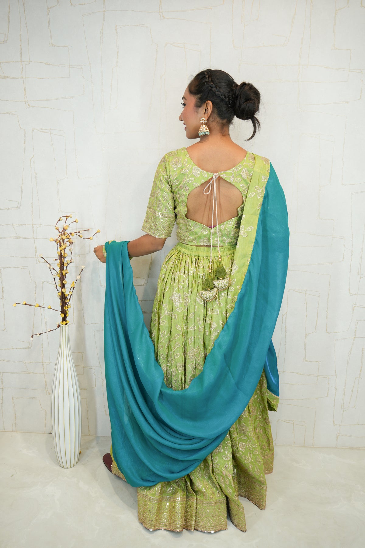 Green Embroidered Lehenga Choli with Blue Dupatta