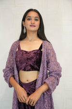 Wine Velvet Co-ord Set with Embroidered Long Jacket