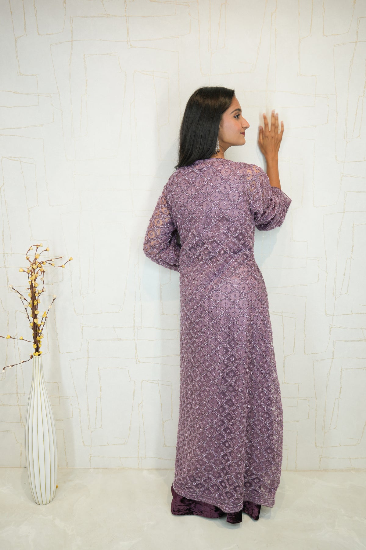 Wine Velvet Co-ord Set with Embroidered Long Jacket