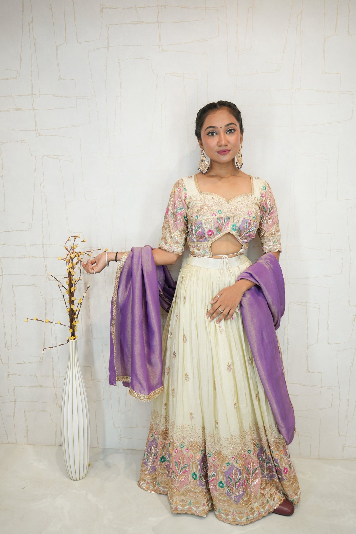 Ivory & Lavender Embroidered Lehenga Set