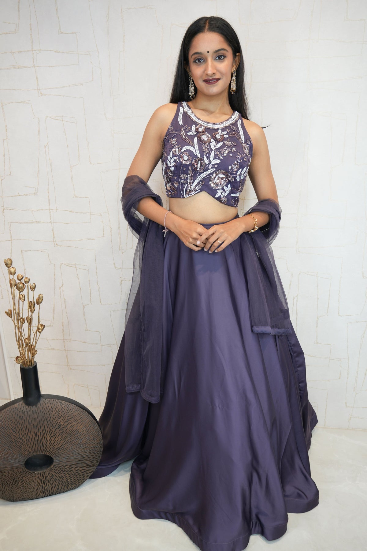 Deep Purple Designer Embroidered Crop Top