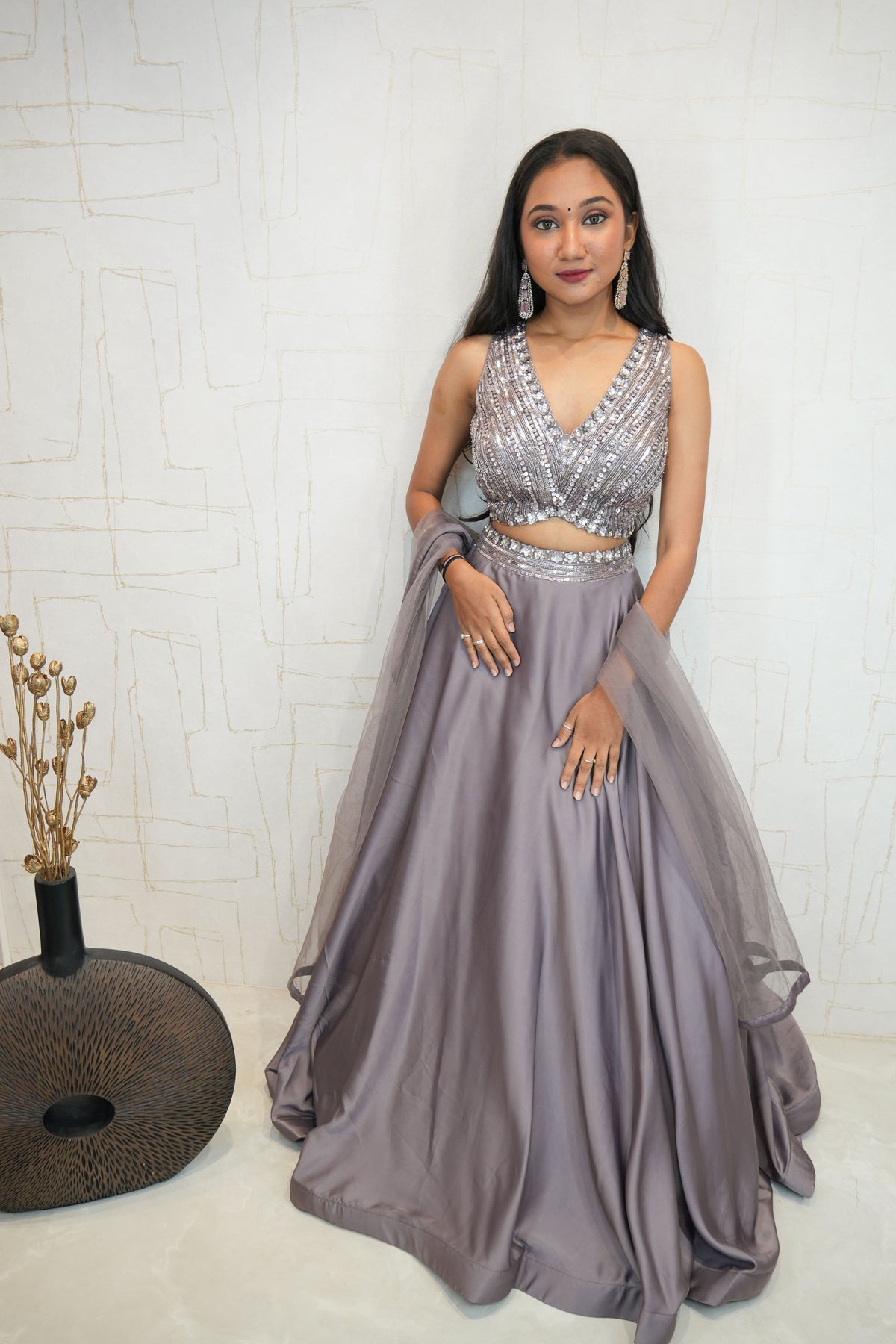 Smoky Lavender Designer Embroidered Crop Top