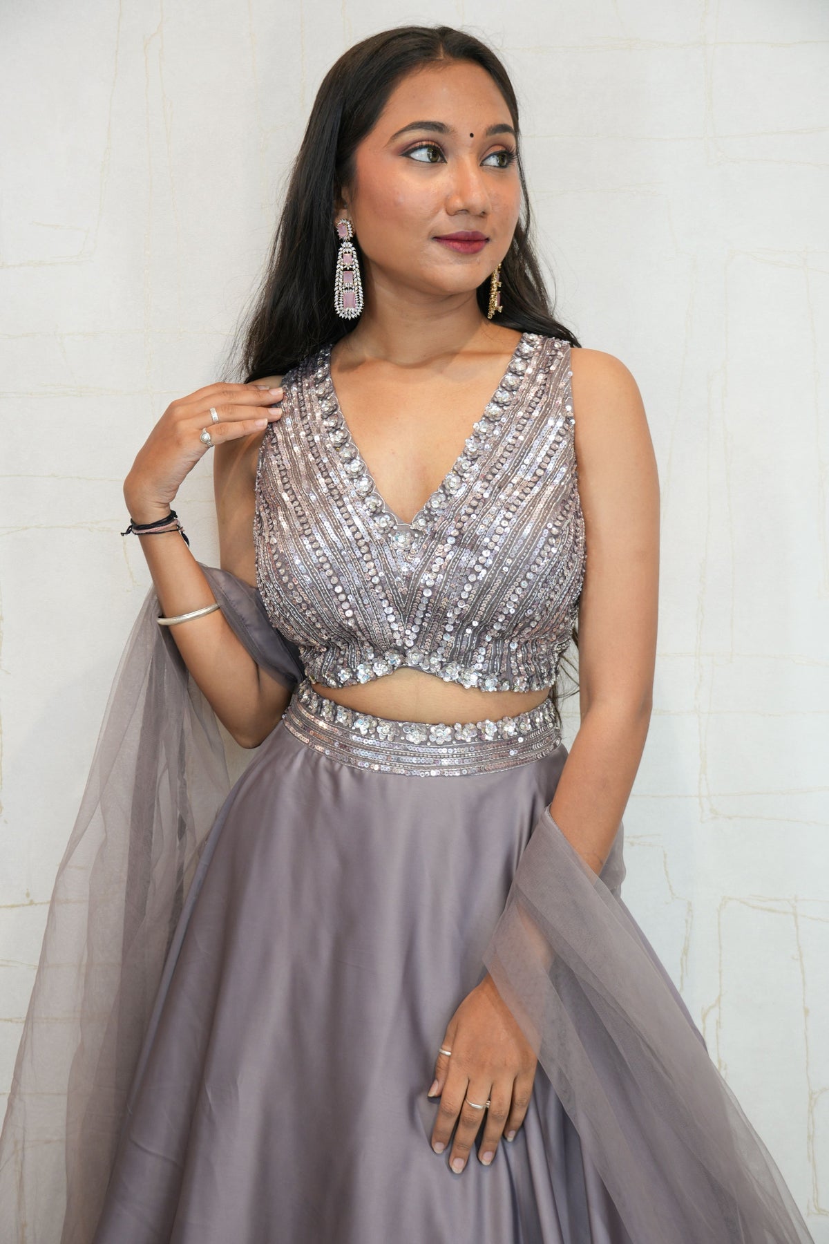 Smoky Lavender Designer Embroidered Crop Top