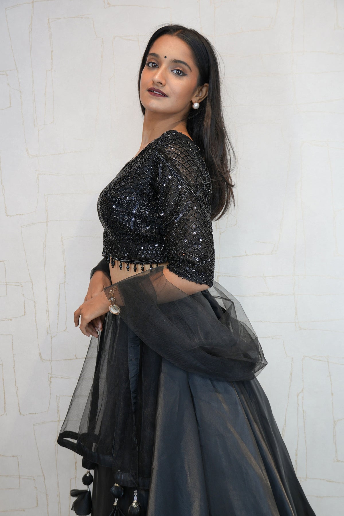 Black Designer Embroidered Organza Crop Top