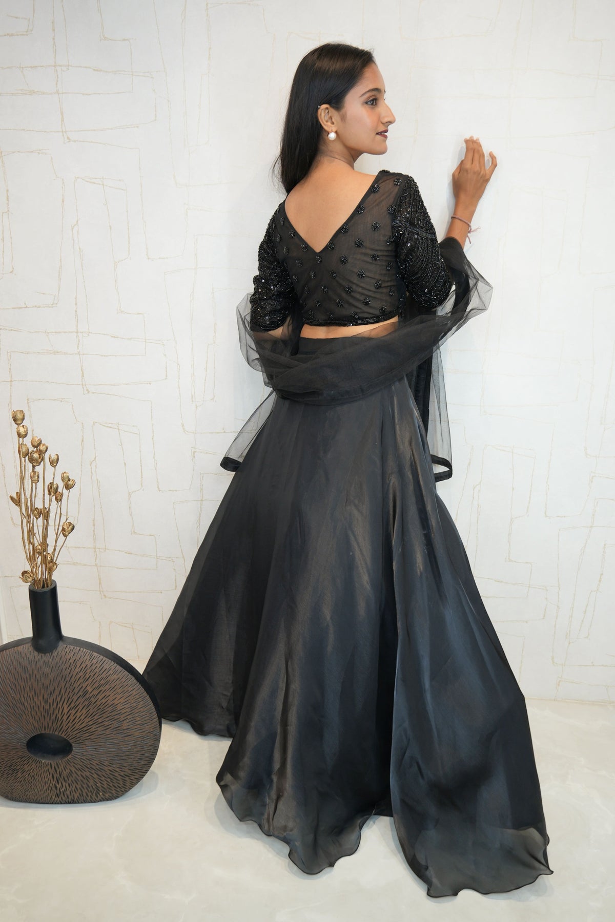 Black Designer Embroidered Organza Crop Top