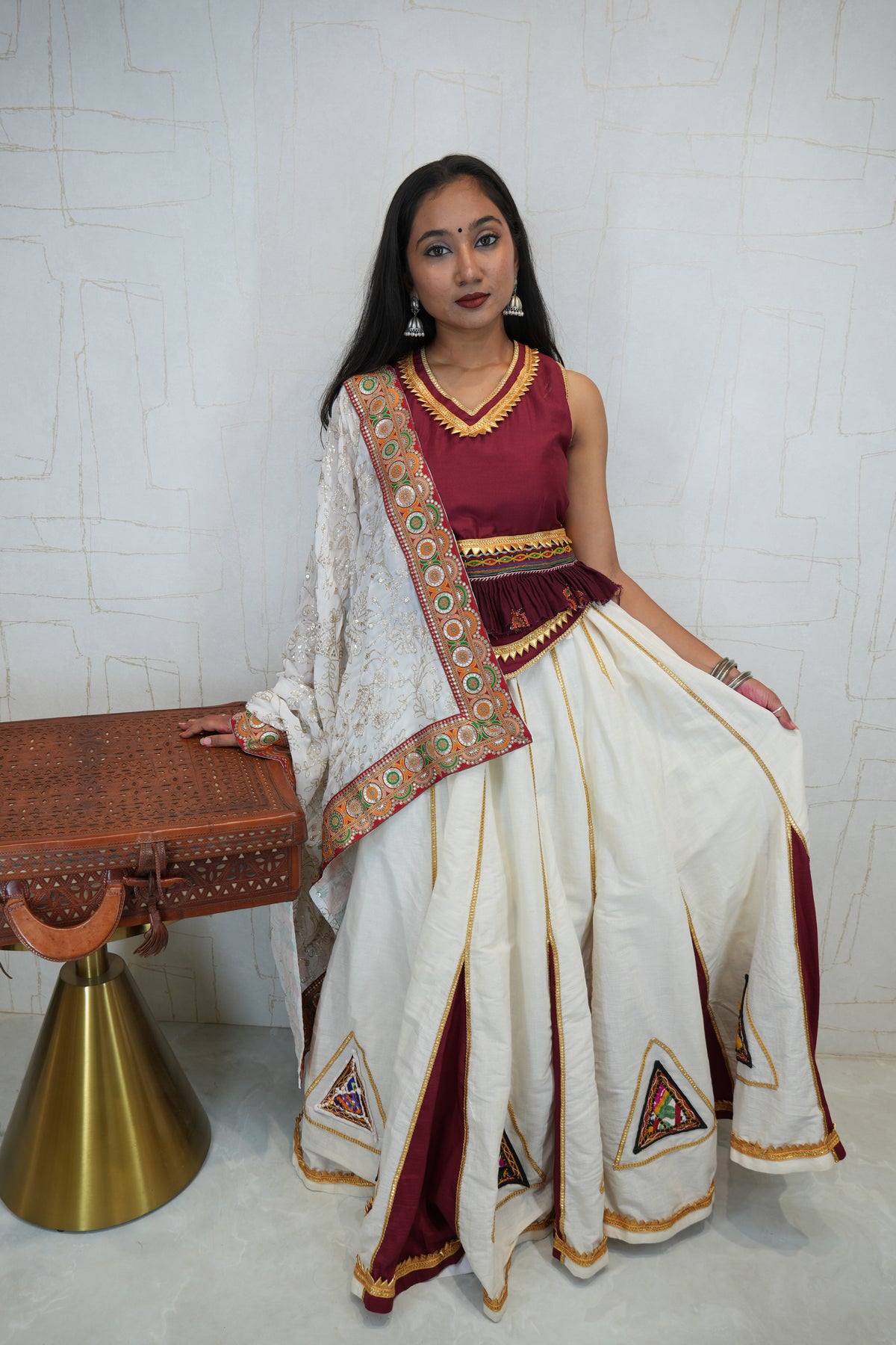 Maroon and White Embroidered Lehenga Set