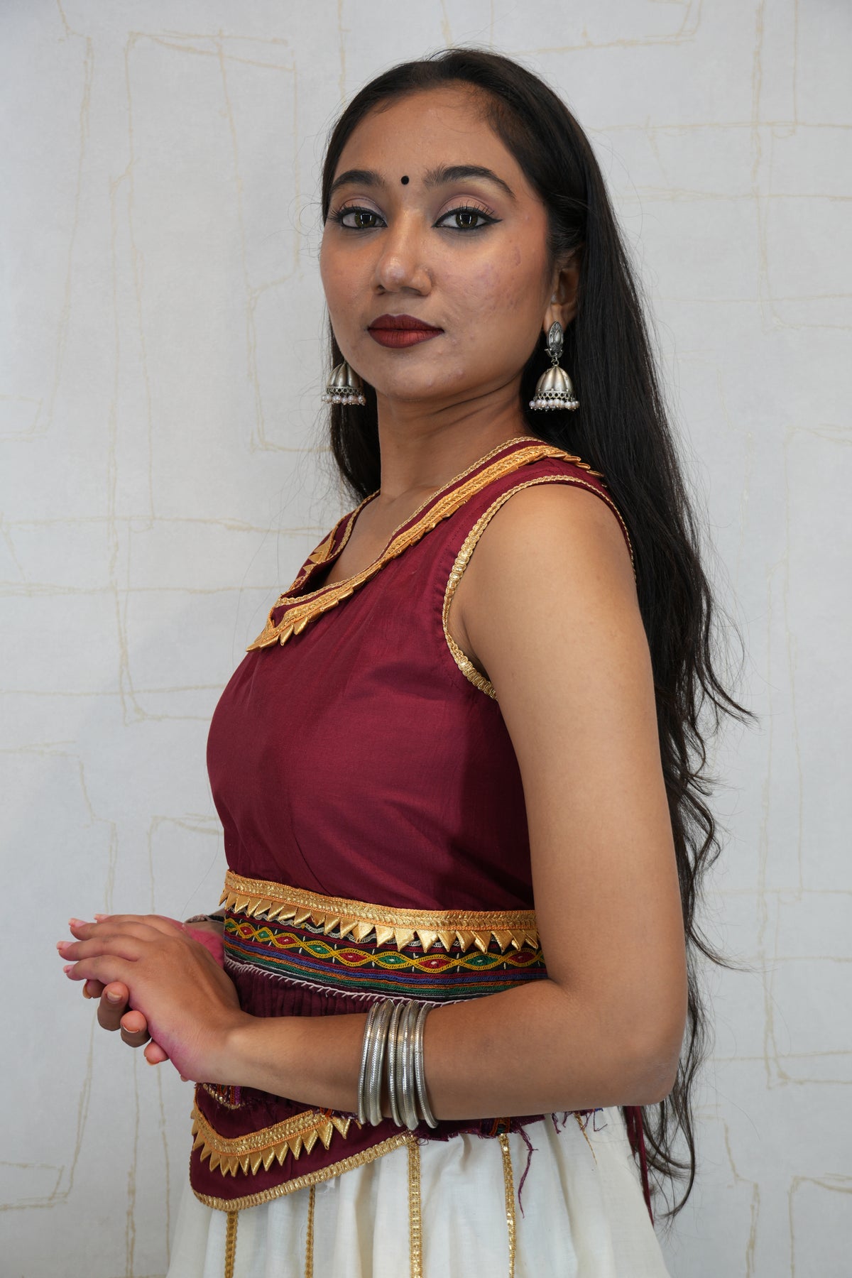 Maroon and White Embroidered Lehenga Set