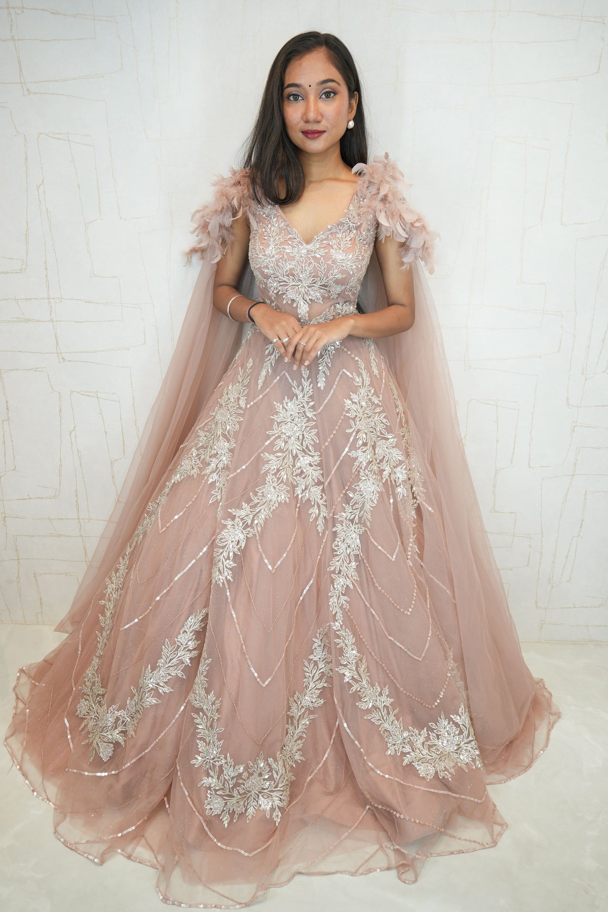 Feather Shoulder Embellished Gown