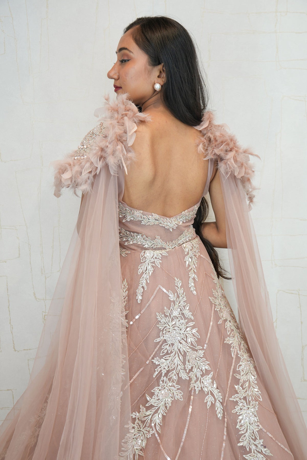 Feather Shoulder Embellished Gown