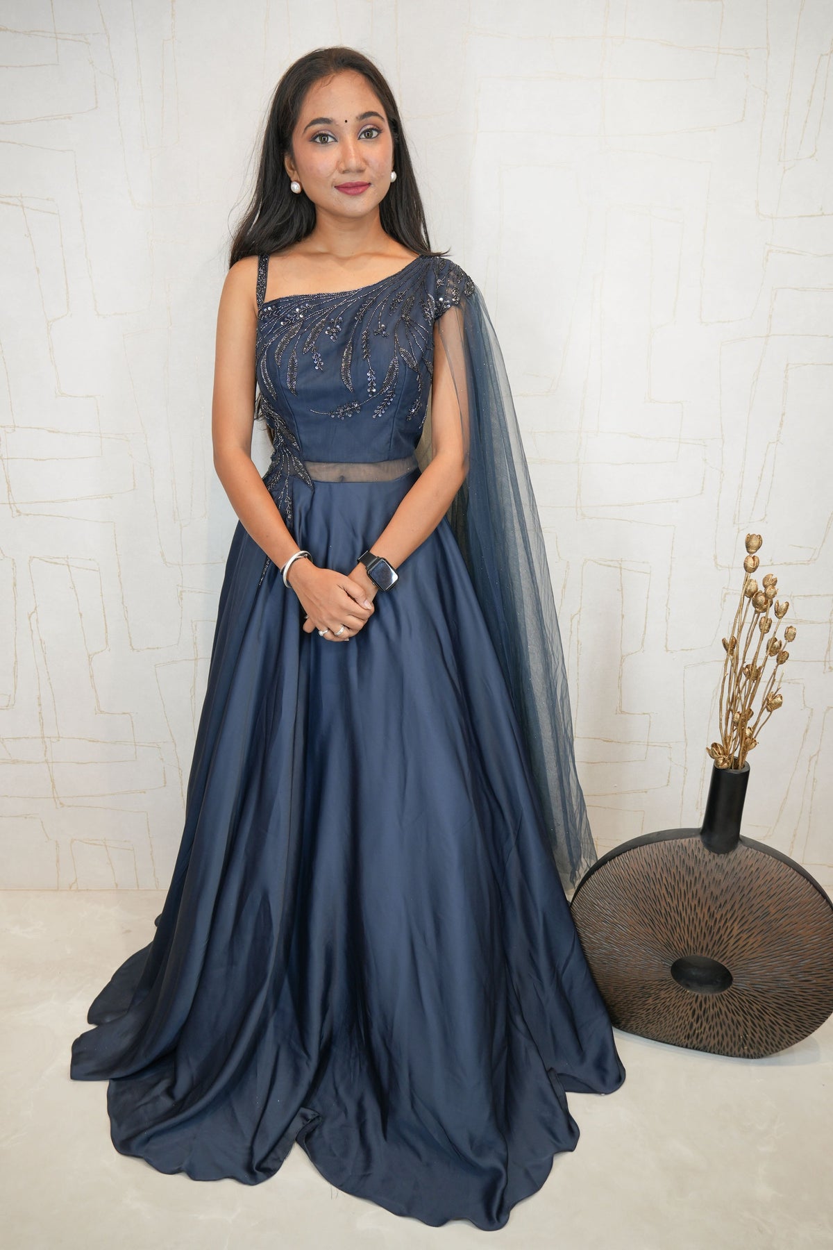 One-Shoulder Embellished Gown Set