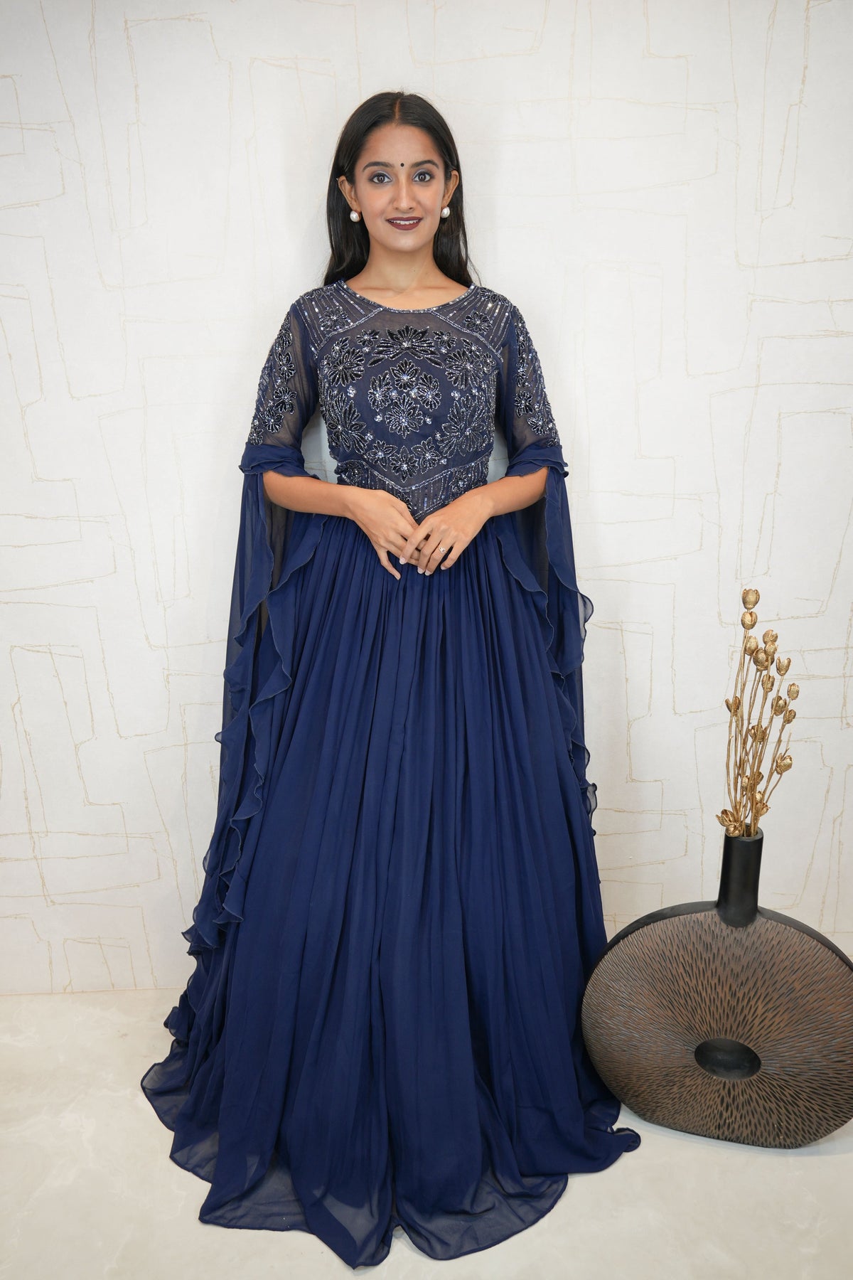 Embroidered Flared Cape Gown