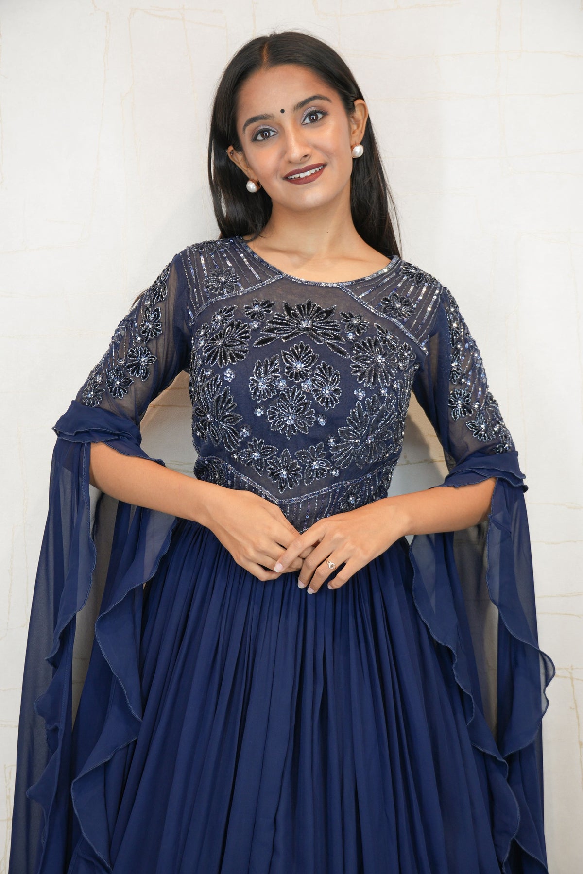 Embroidered Flared Cape Gown