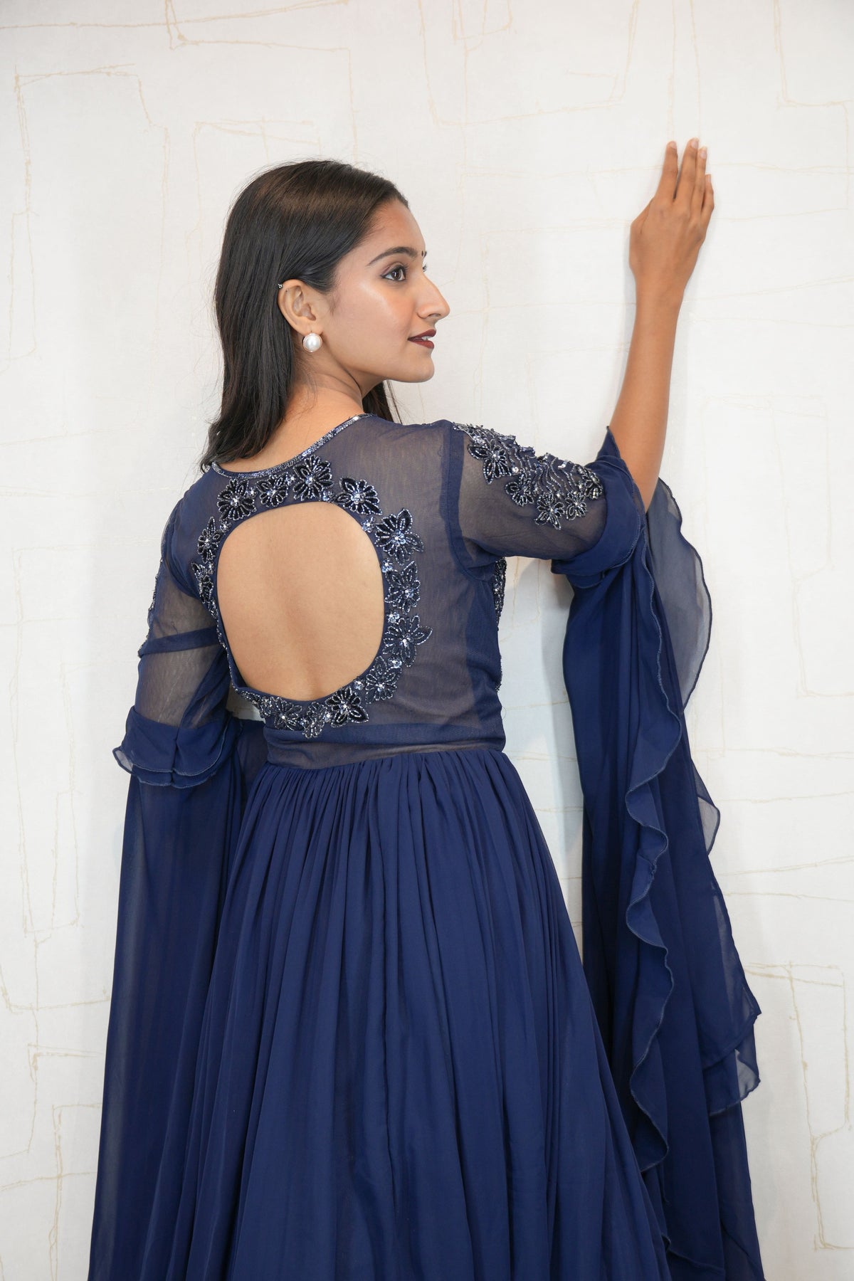 Embroidered Flared Cape Gown