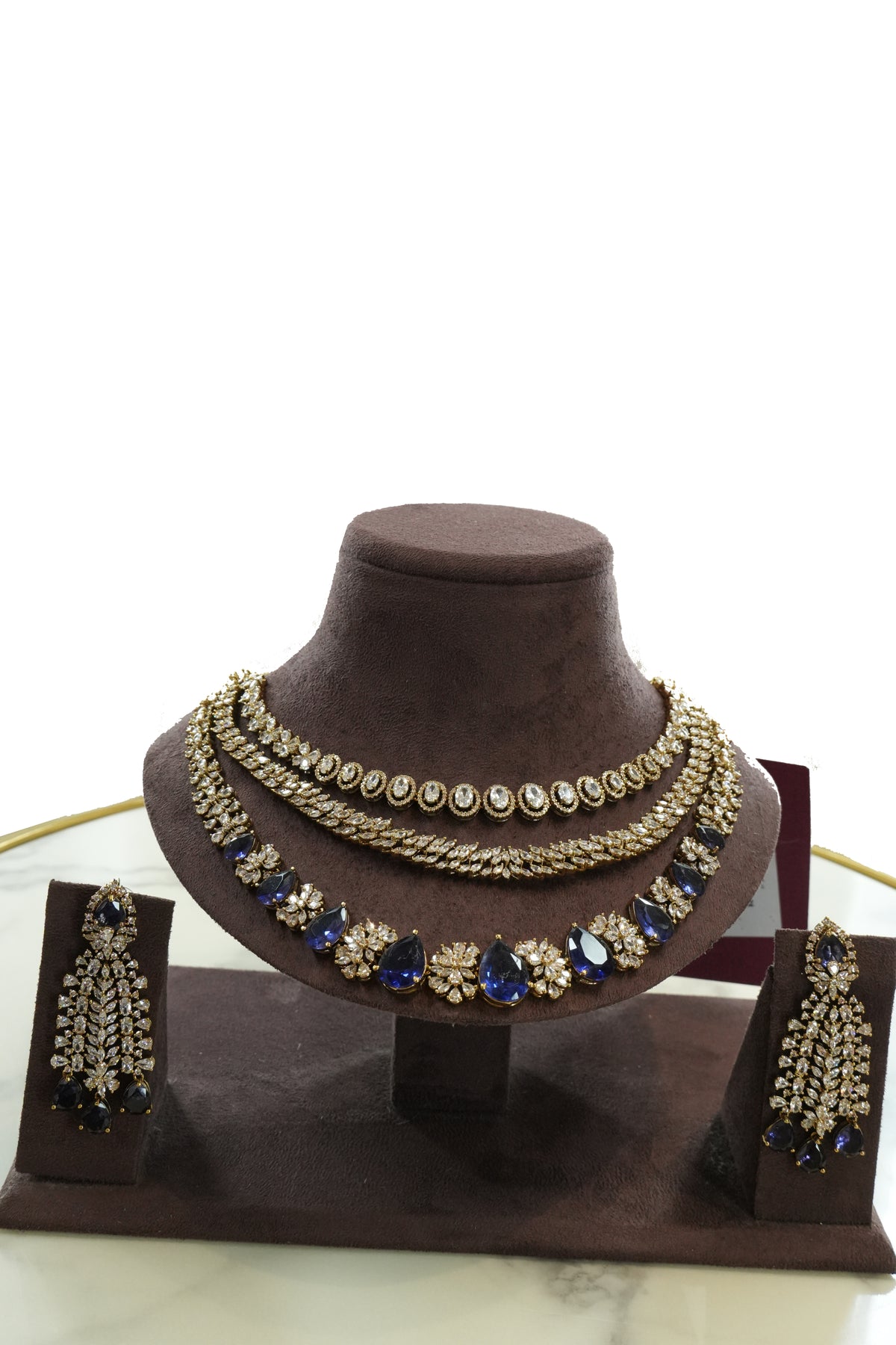 Blue Stone Layered Necklace Set with Matching Earrings