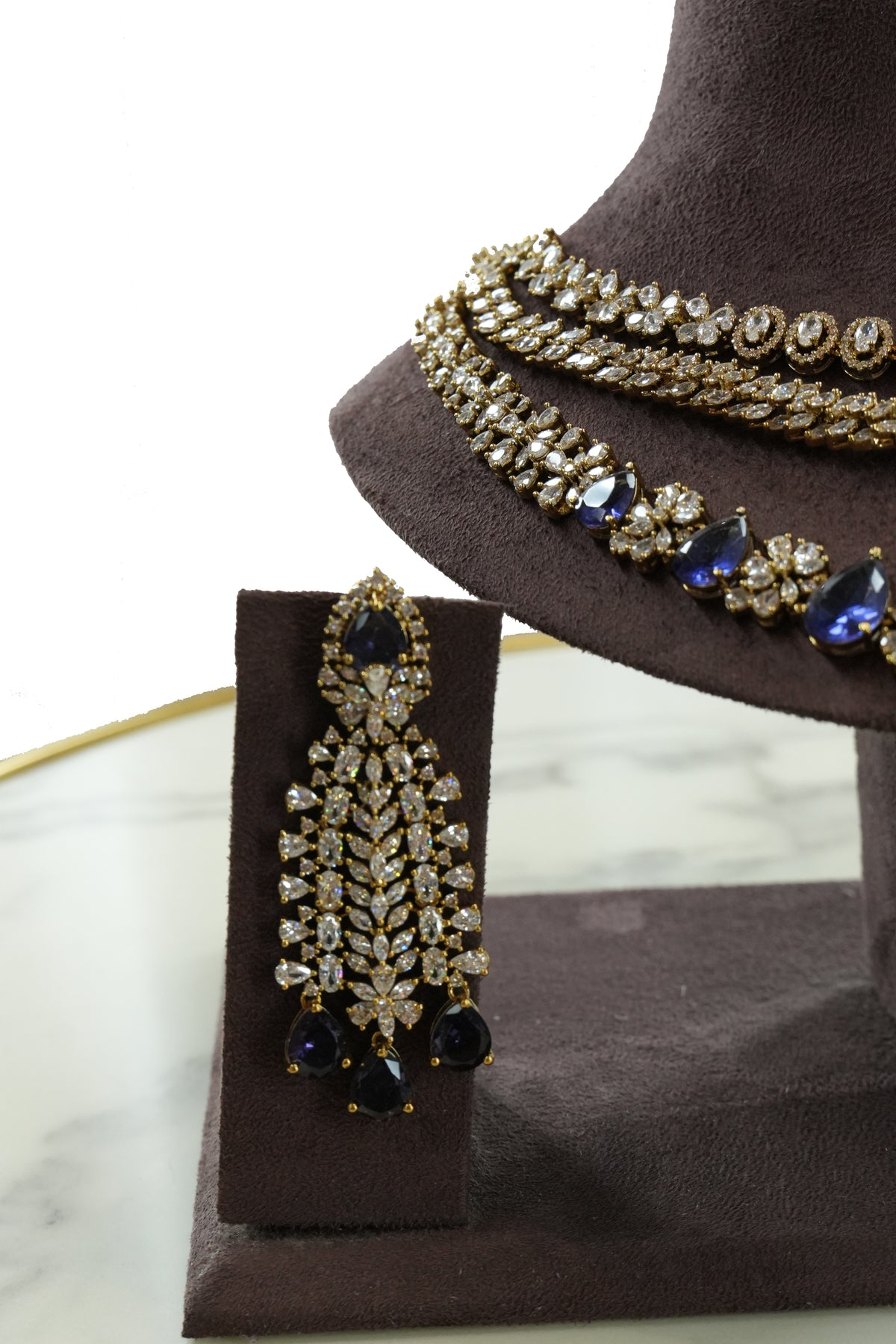 Blue Stone Layered Necklace Set with Matching Earrings