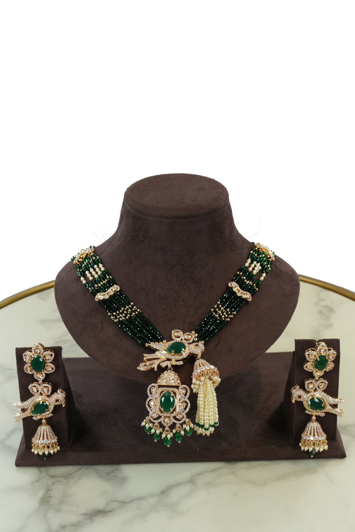 Emerald Green Beaded Long Necklace Set with Earrings