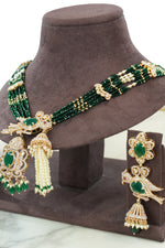 Emerald Green Beaded Long Necklace Set with Earrings