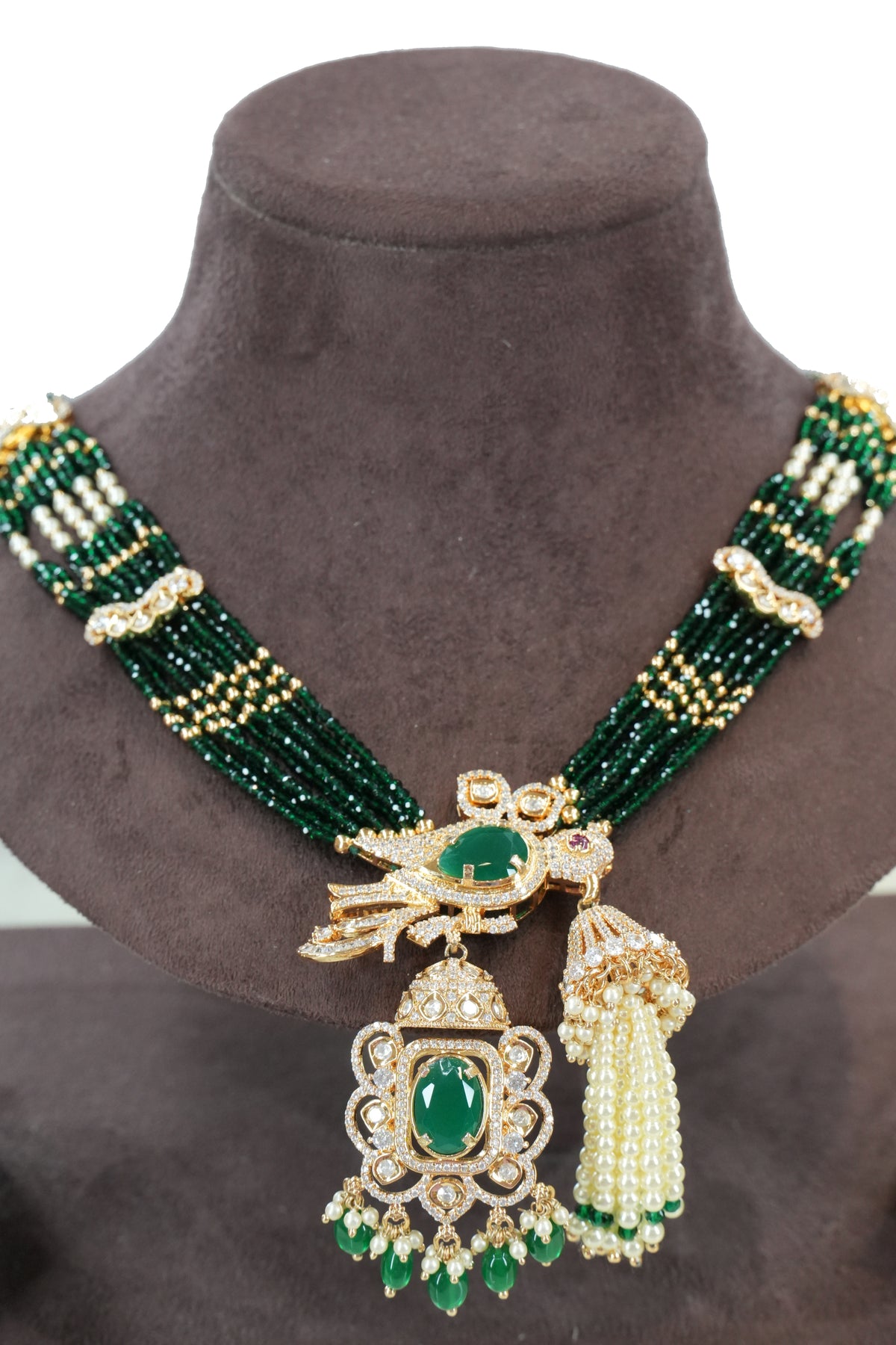 Emerald Green Beaded Long Necklace Set with Earrings