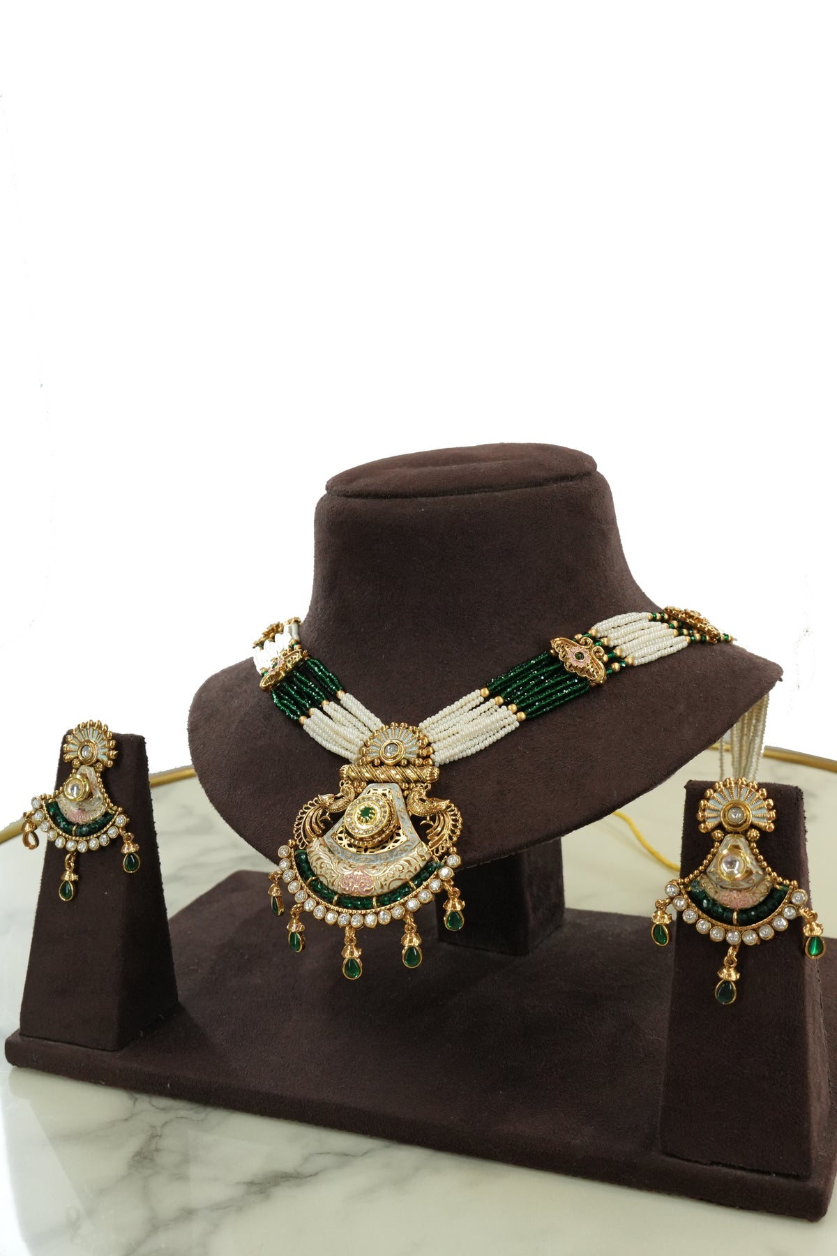 Emerald Green Beaded Long Necklace Set with Earrings