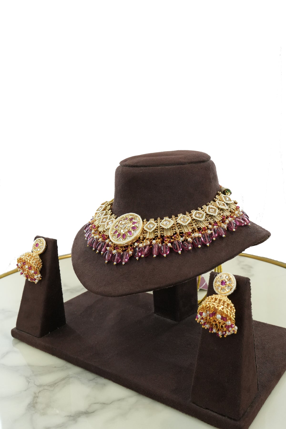 Traditional Temple Ruby Pearl Choker Necklace Set with Earrings