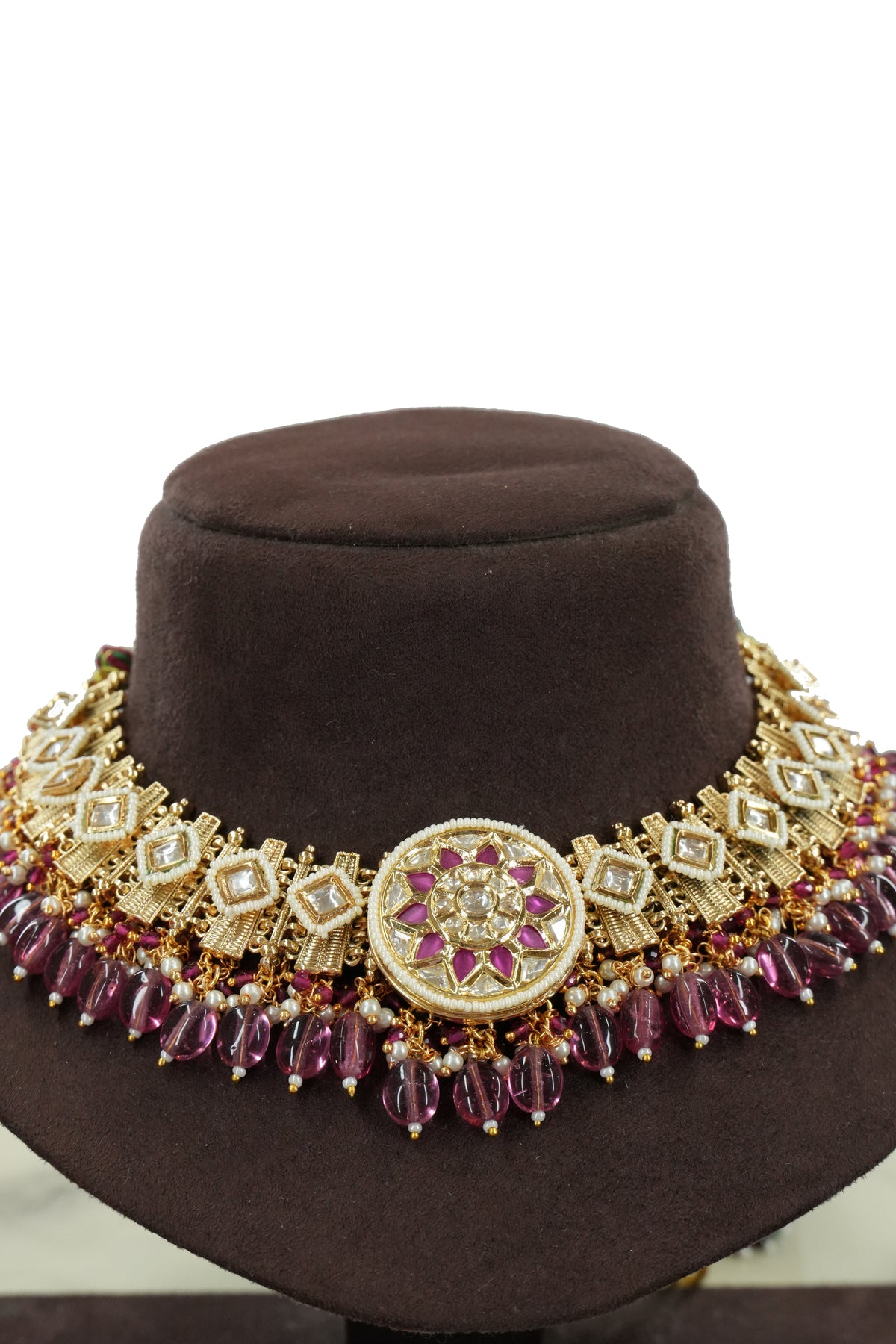 Traditional Temple Ruby Pearl Choker Necklace Set with Earrings