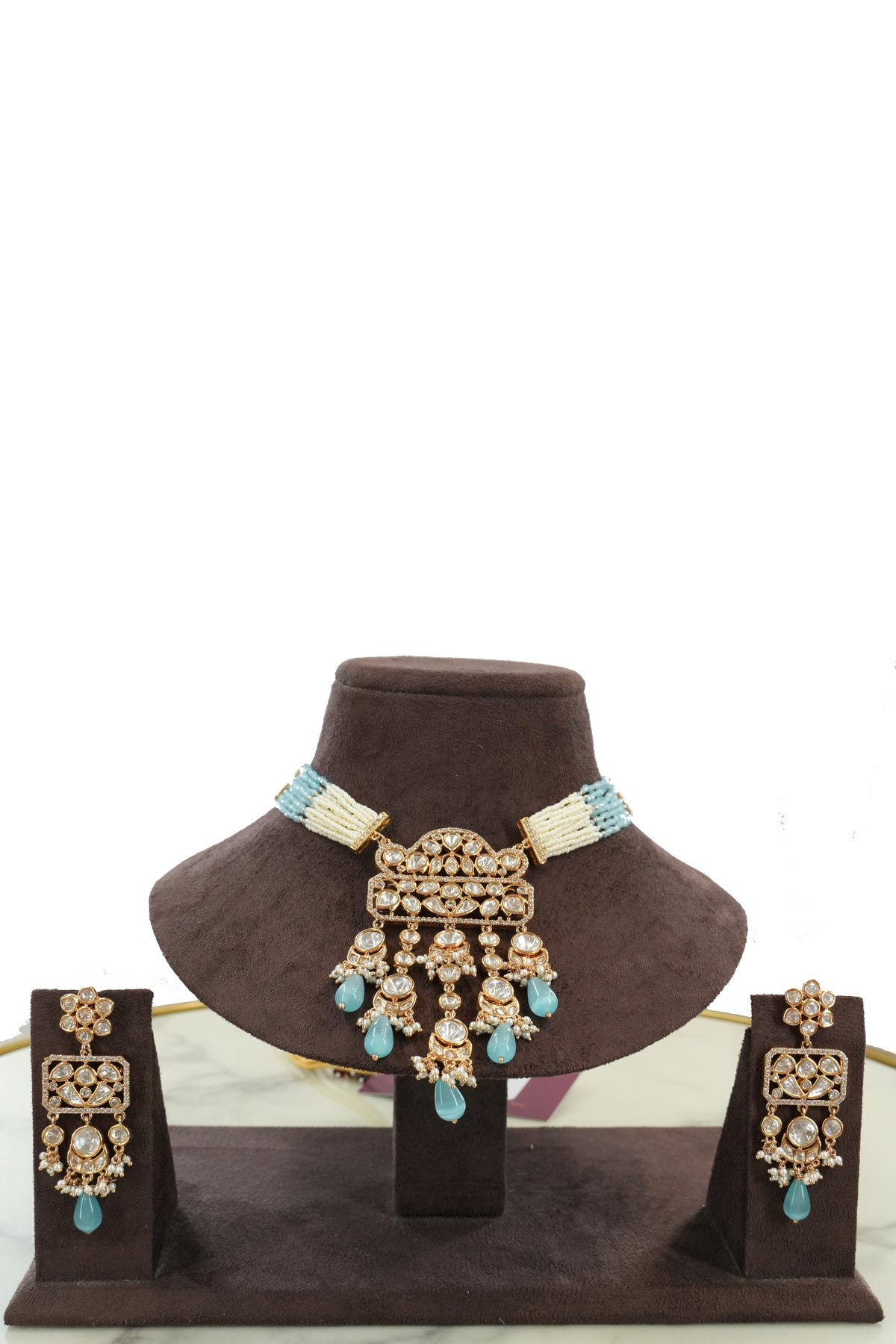 Aqua Gold Beaded Long Necklace Set with Earrings