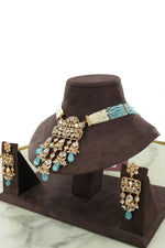 Aqua Gold Beaded Long Necklace Set with Earrings