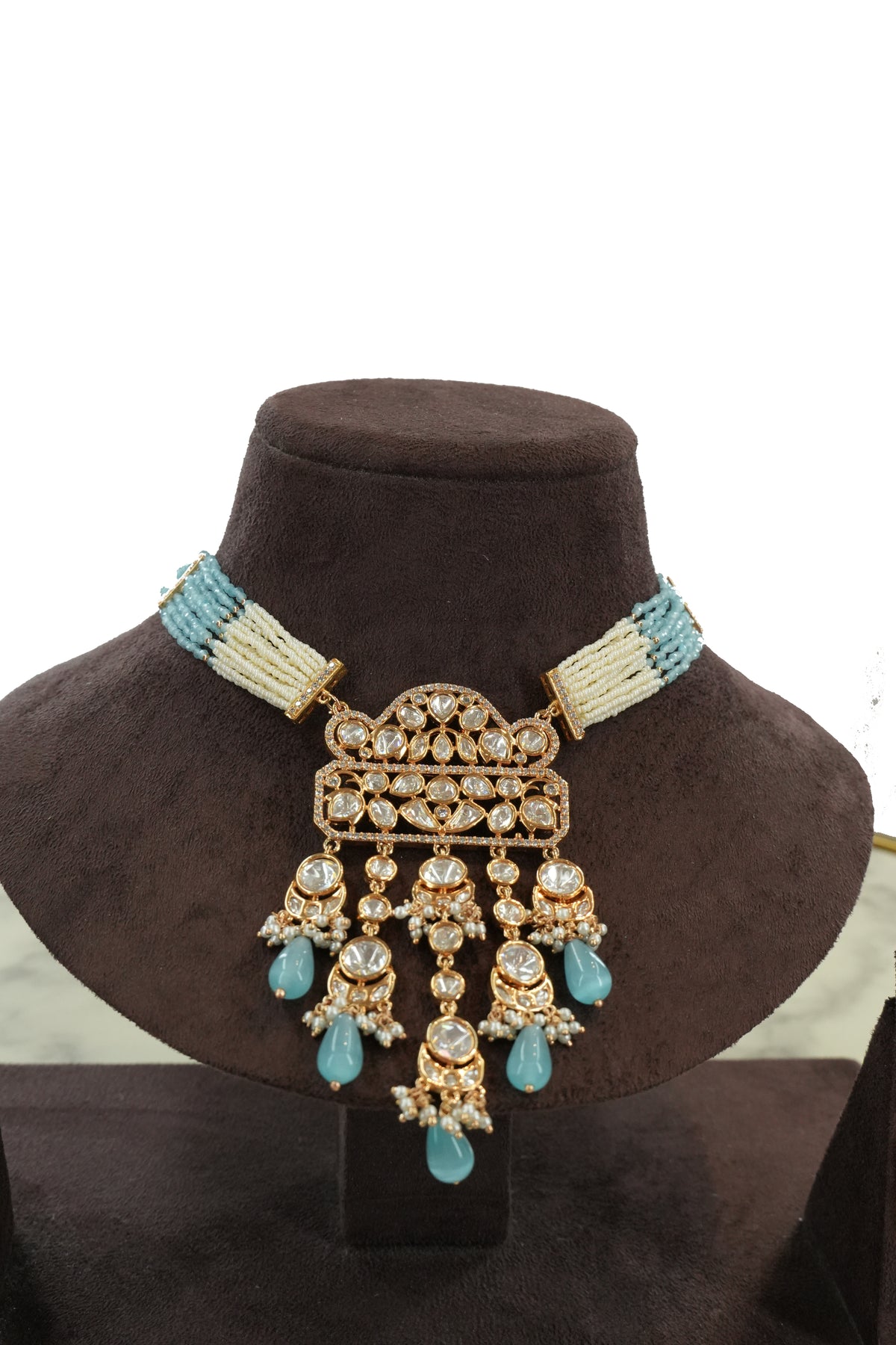 Aqua Gold Beaded Long Necklace Set with Earrings