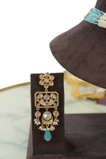 Aqua Gold Beaded Long Necklace Set with Earrings