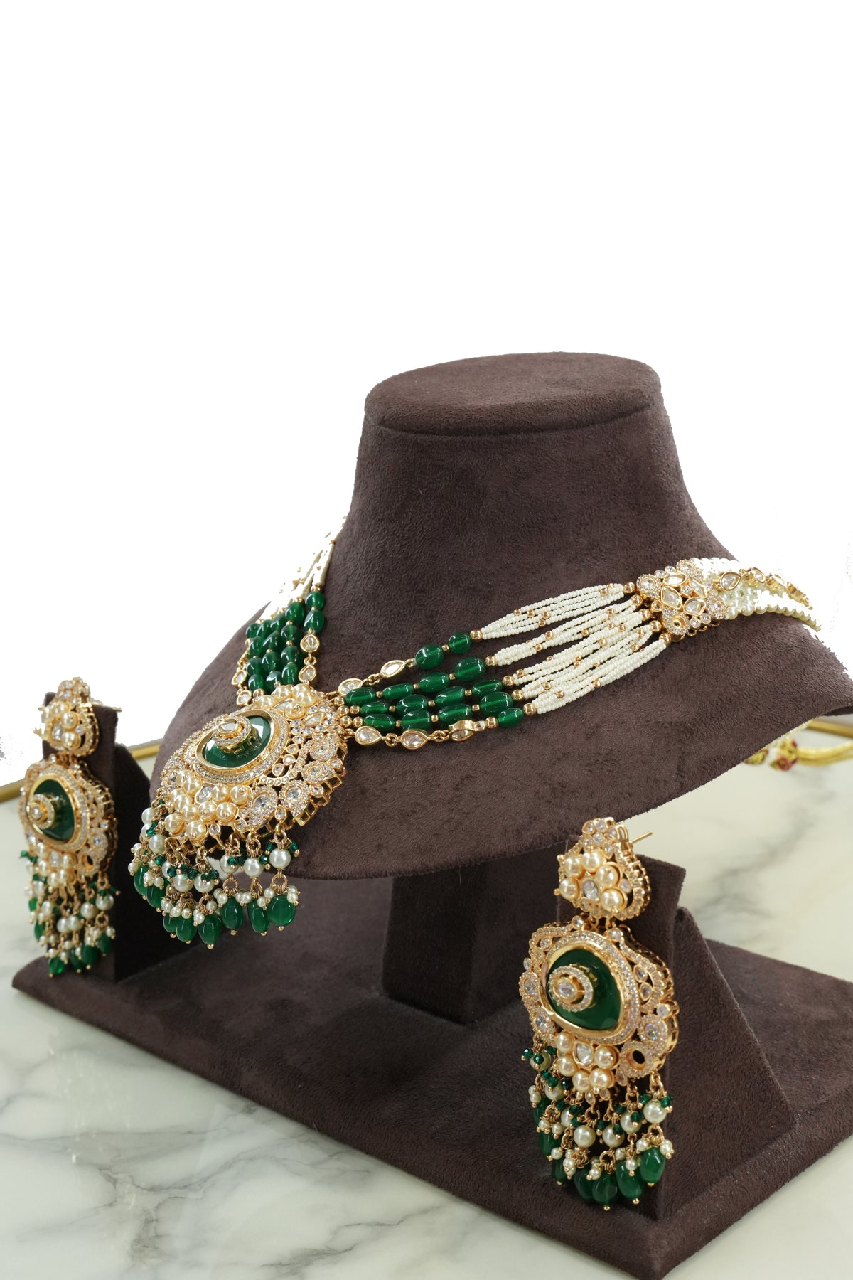 Emerald Green Kundan Bridal Necklace Set with Earrings