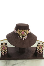 Pink Stone Kundan Choker Necklace Set with Earrings