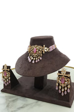 Pink Stone Kundan Choker Necklace Set with Earrings