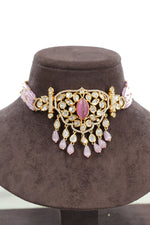 Pink Stone Kundan Choker Necklace Set with Earrings