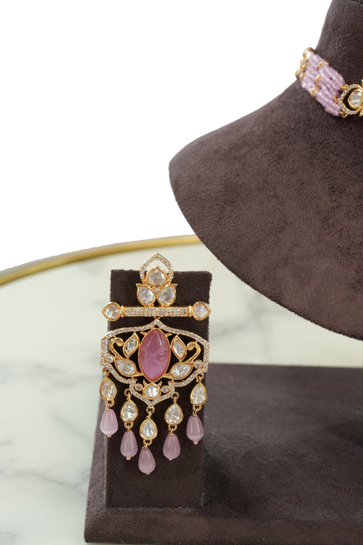 Pink Stone Kundan Choker Necklace Set with Earrings