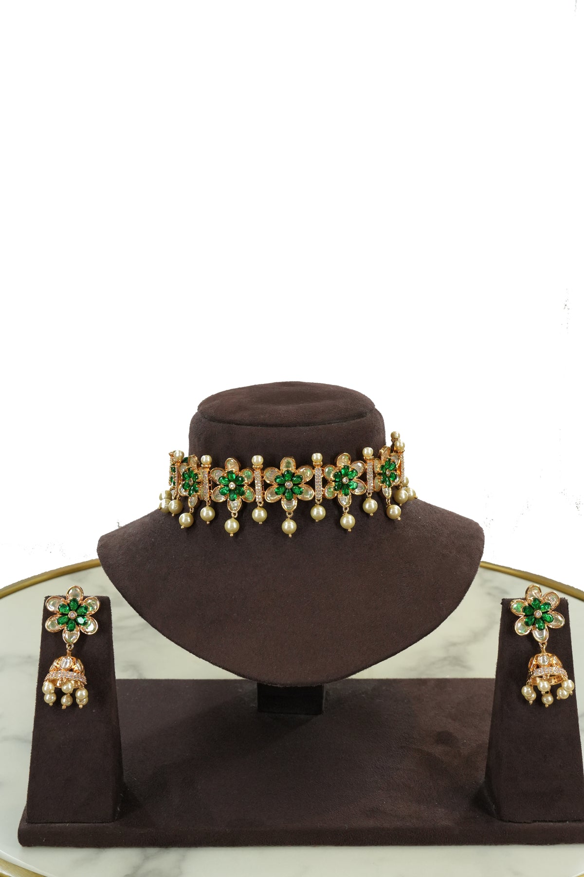 Green Floral Pearl Choker Necklace Set with Earrings