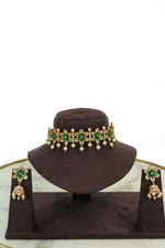 Green Floral Pearl Choker Necklace Set with Earrings