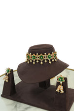 Green Floral Pearl Choker Necklace Set with Earrings