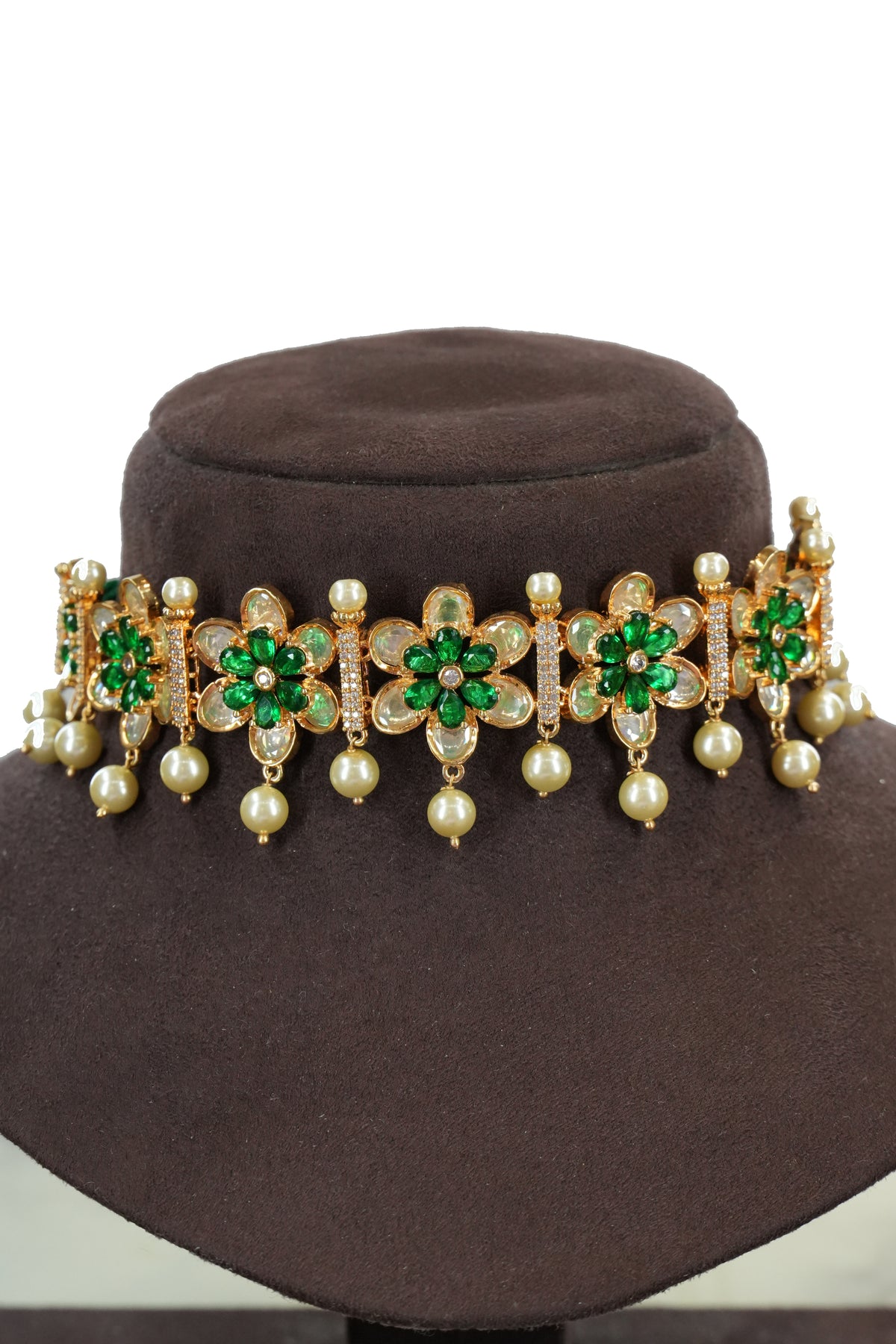 Green Floral Pearl Choker Necklace Set with Earrings