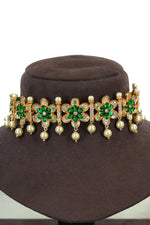 Green Floral Pearl Choker Necklace Set with Earrings