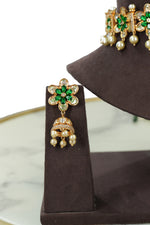 Green Floral Pearl Choker Necklace Set with Earrings