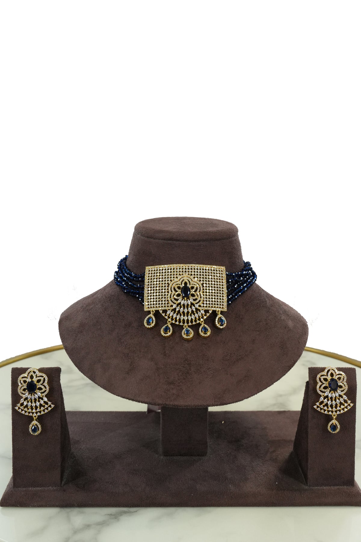 Blue Beaded Stone Choker Necklace Set with Earrings