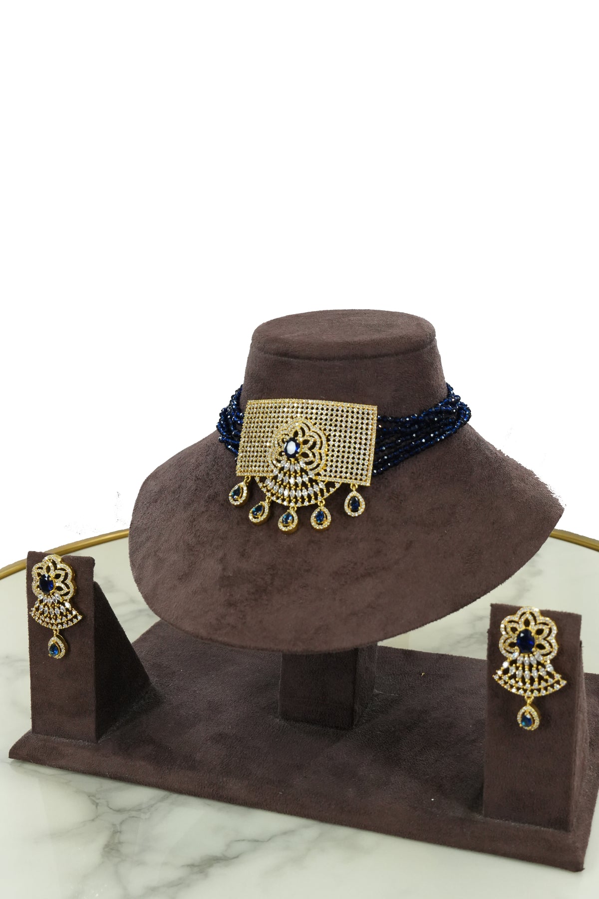 Blue Beaded Stone Choker Necklace Set with Earrings