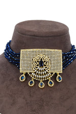 Blue Beaded Stone Choker Necklace Set with Earrings