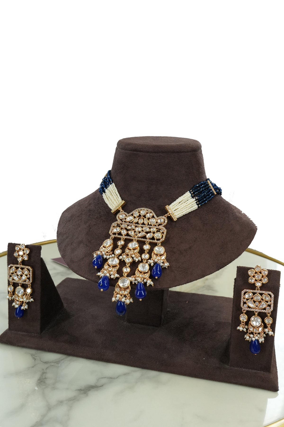 Royal Blue Kundan Long Necklace Set with Earrings
