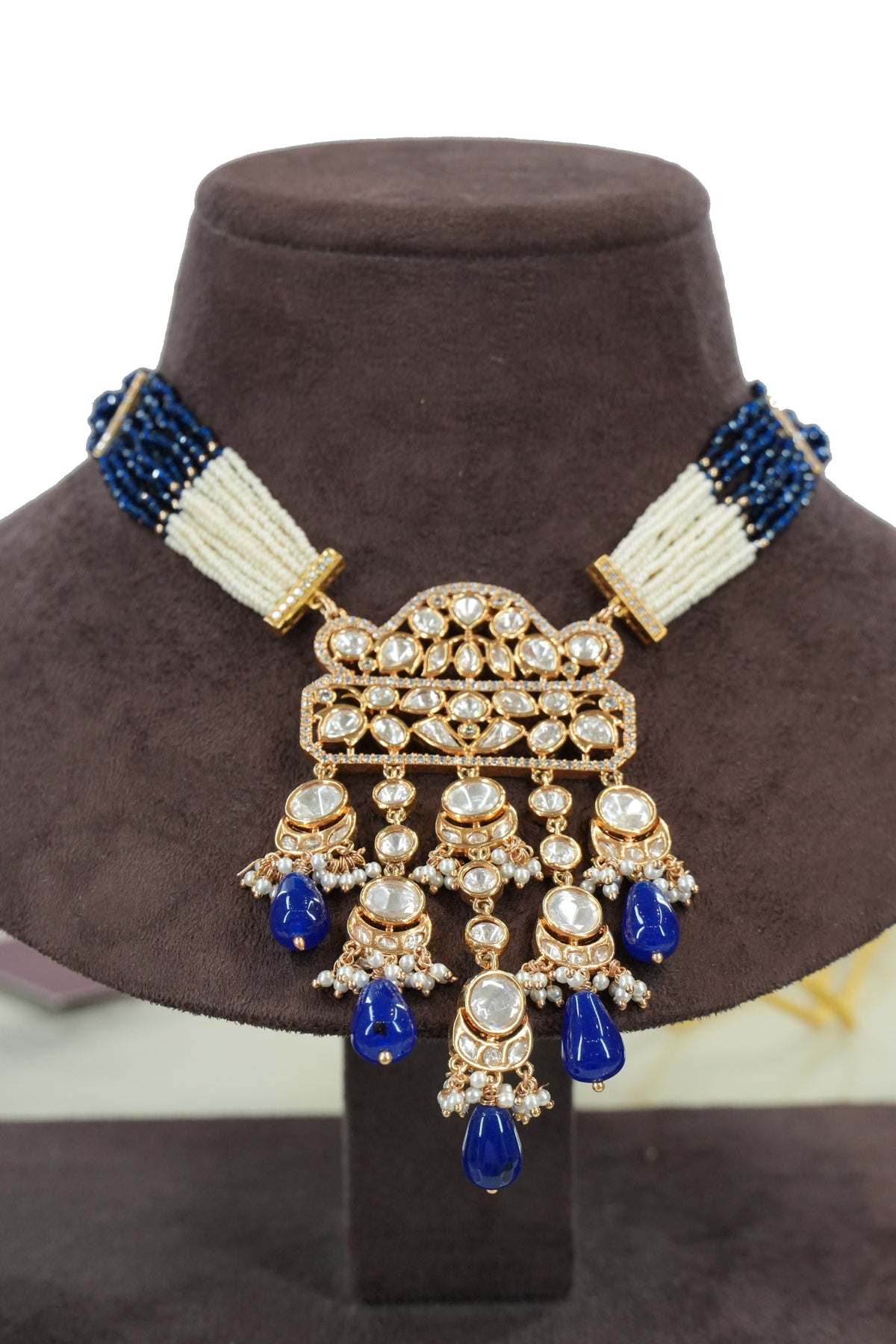 Royal Blue Kundan Long Necklace Set with Earrings