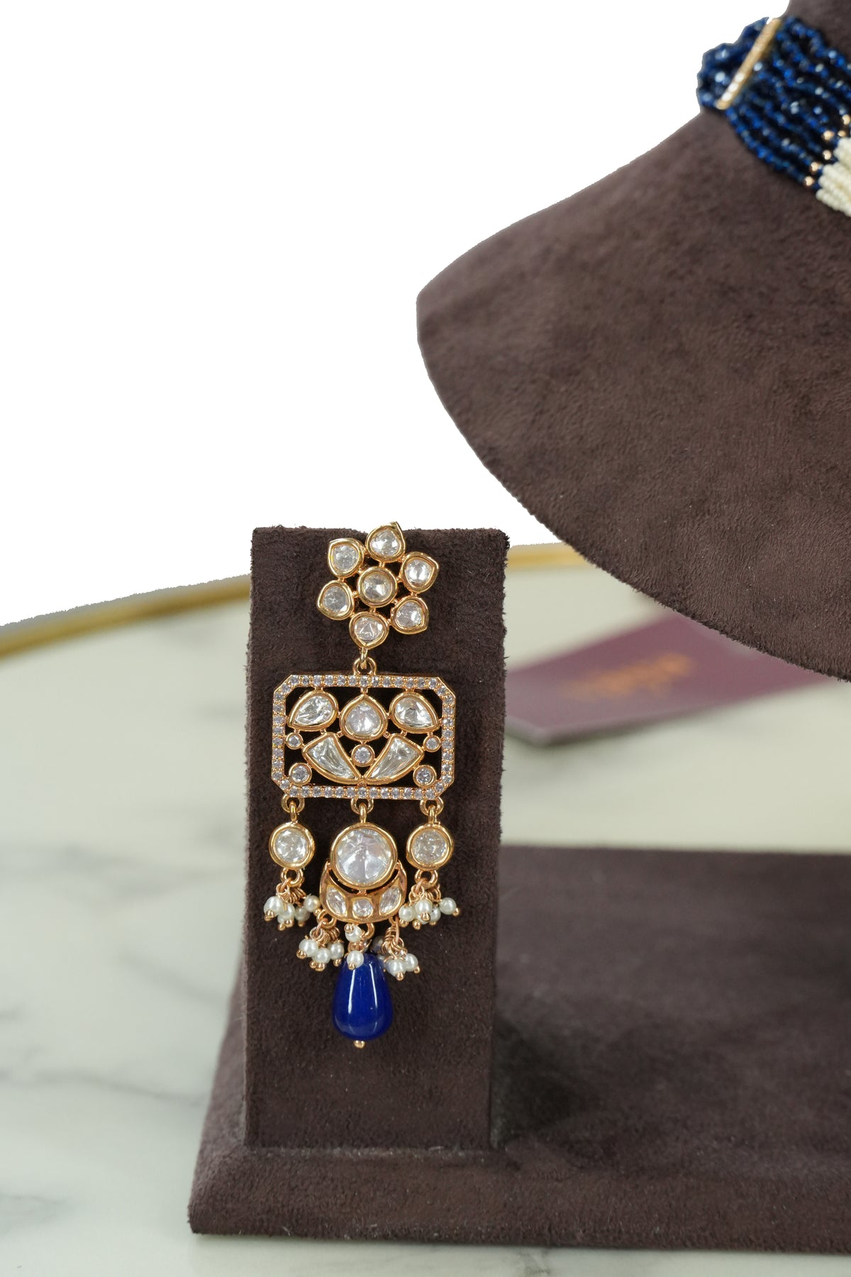Royal Blue Kundan Long Necklace Set with Earrings