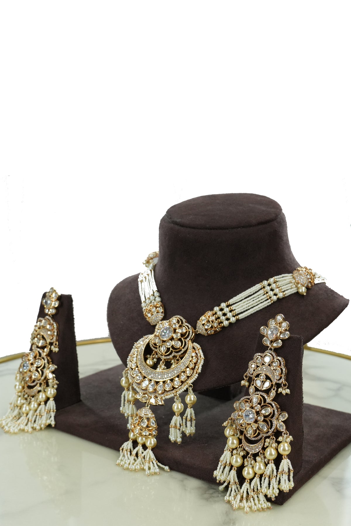 Multi-Strand Pearl Kundan Necklace Set with Long Earrings