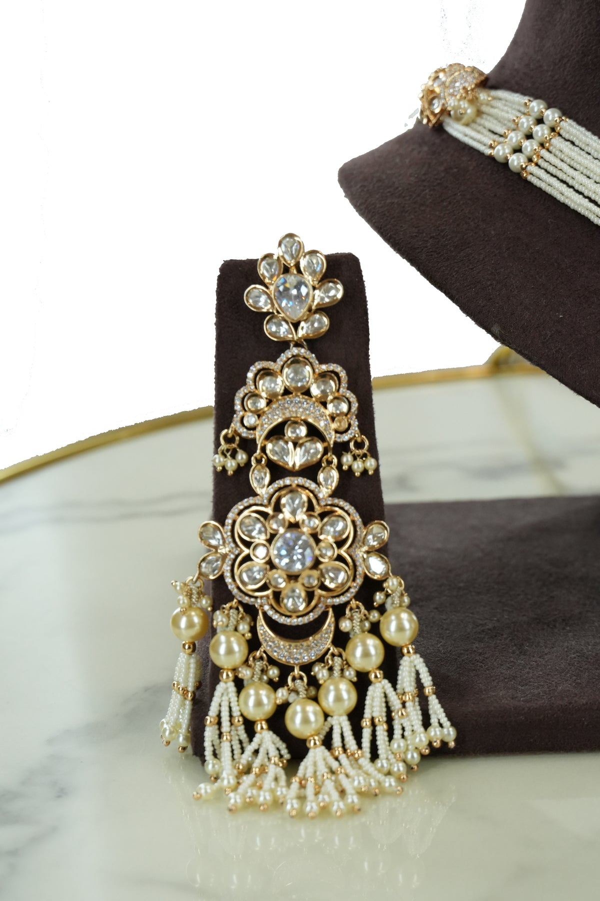 Multi-Strand Pearl Kundan Necklace Set with Long Earrings