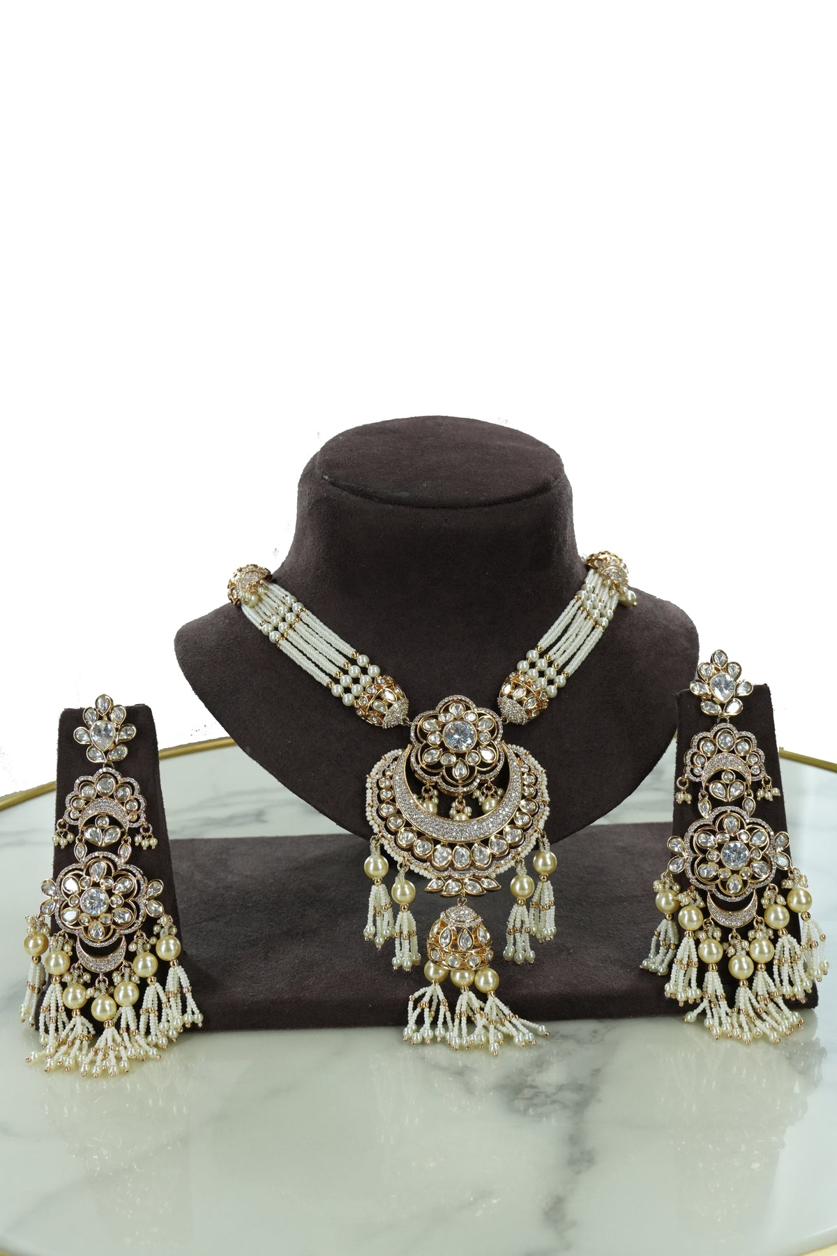 Multi-Strand Pearl Kundan Necklace Set with Long Earrings